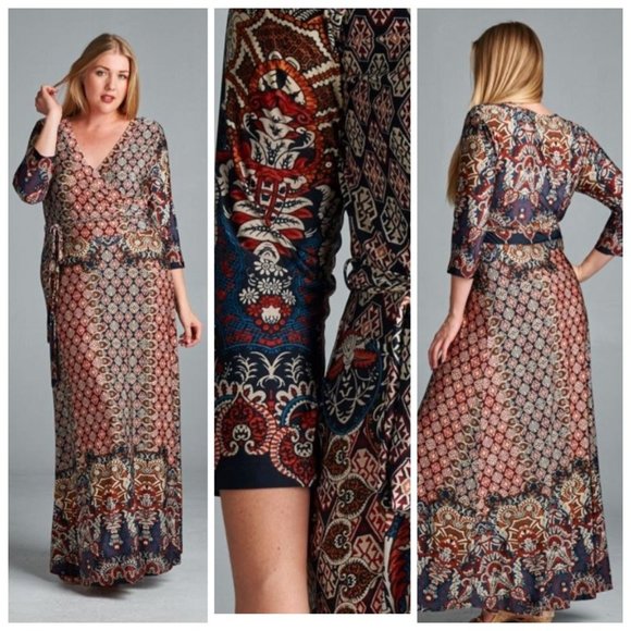 Faux Wrap Burgundy/Navy Maxi Dress - Picture 1 of 1